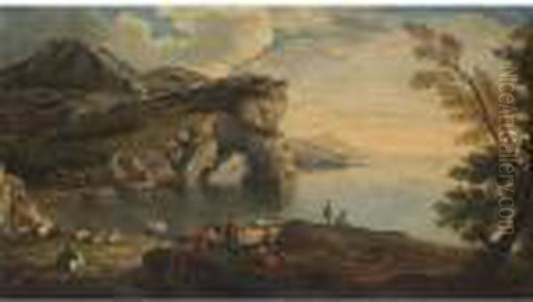 Veduta Costiera Con Figure E Animali Oil Painting by Salvator Rosa