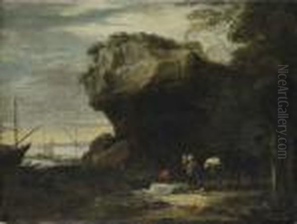 Approdo Costiero Con Barcaioli E Cavalieri Oil Painting by Salvator Rosa