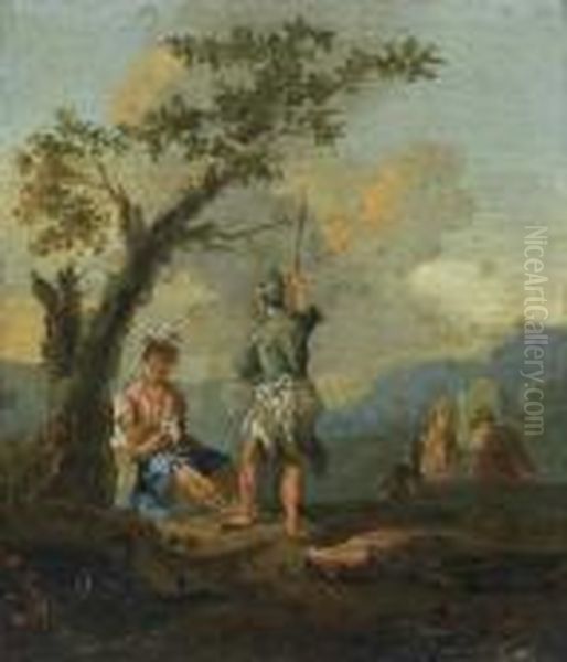 Soldiers In Landscape. Oil Painting by Salvator Rosa