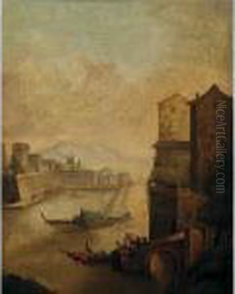 View Of A Mediterranean Harbor Oil Painting by Salvator Rosa