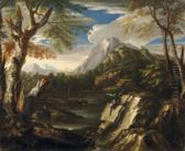 Paesaggio Roccioso Con Figure Di Soldati Oil Painting by Salvator Rosa