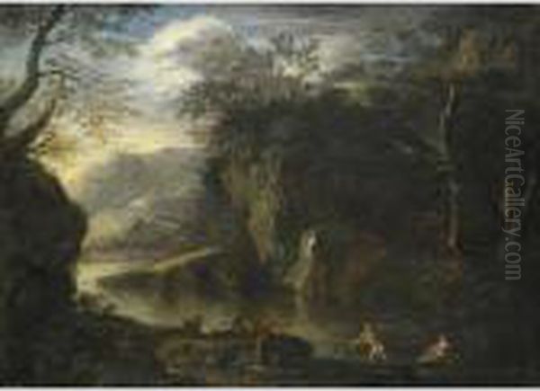 Paesaggio Con Figure Presso Un Fiume Oil Painting by Salvator Rosa