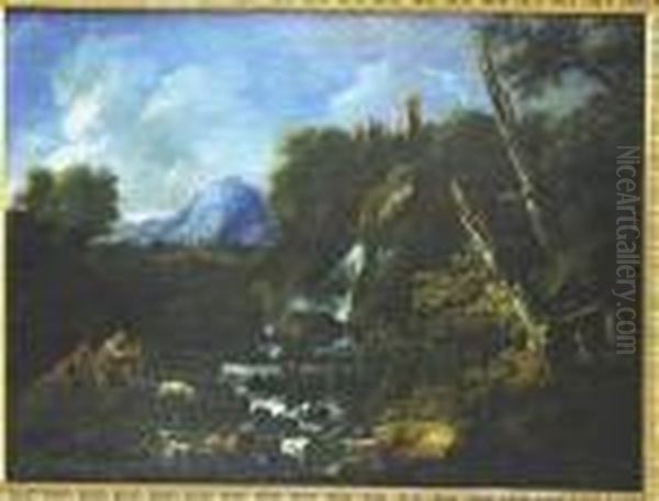 A Mountainous Landscape With A Waterfall Oil Painting by Salvator Rosa