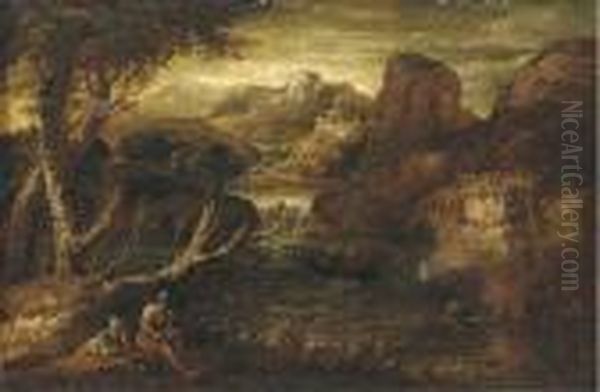 A Mountainous River Landscape With Two Soldiers At Rest Oil Painting by Salvator Rosa