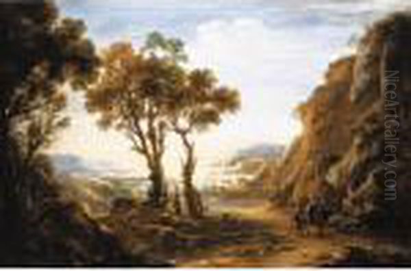 An Evening Landscape With Travellers In The Foreground, The Sea Beyond Oil Painting by Salvator Rosa