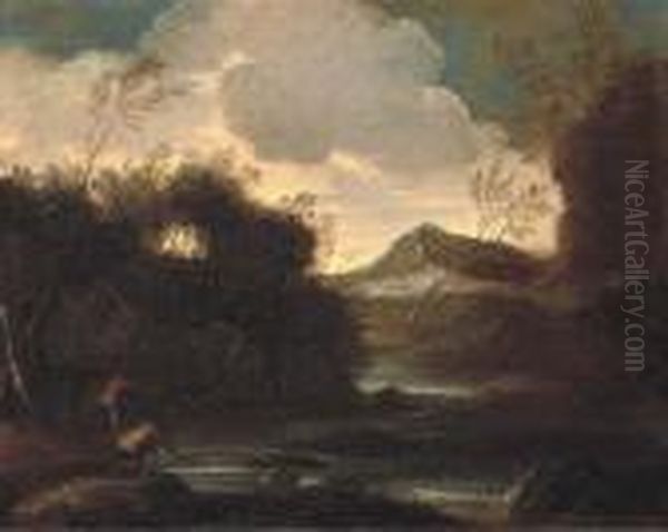 A Wooded River Landscape With Fishermen, Mountains Beyond Oil Painting by Salvator Rosa