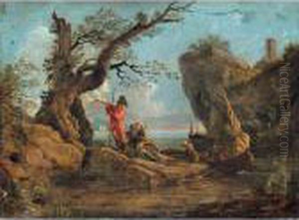 Coastal Landscape With Soldiers Resting On Rocks Oil Painting by Salvator Rosa