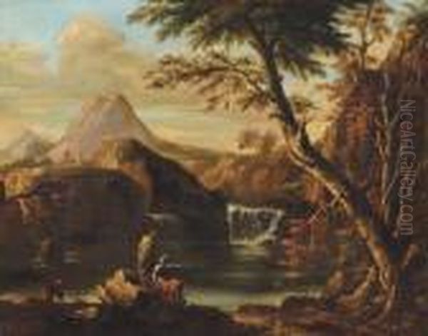 Figures Fishing By A River, An Extensive Landscape Beyond Oil Painting by Salvator Rosa