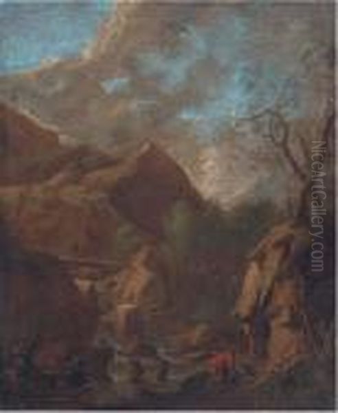 Figures By A Cascade Oil Painting by Salvator Rosa