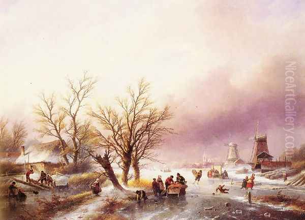 A Winter Landscape Oil Painting by Jan Jacob Coenraad Spohler