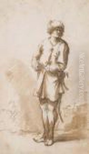 A Standing Turkish Soldier Looking To The Right Oil Painting by Salvator Rosa