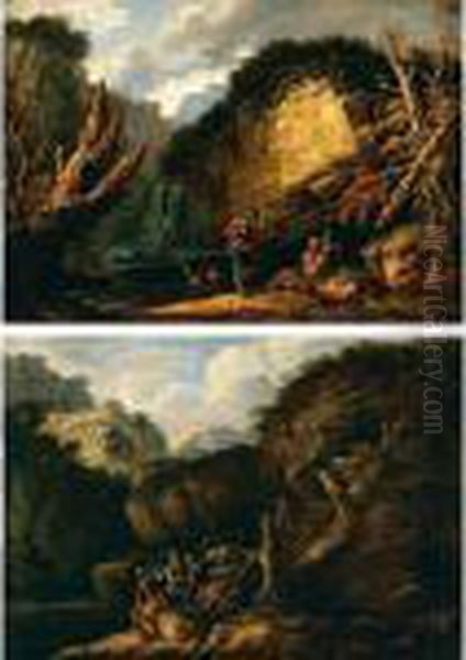 Soldati E Viandanti In Un 
Paesaggio Con Cascata; Soldati In Un Paesaggio Fluviale Con Fortezza In 
Lontananza Oil Painting by Salvator Rosa