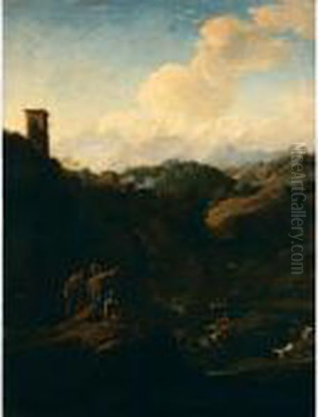 Paesaggio Fluviale Con Soldati E Viandanti Oil Painting by Salvator Rosa