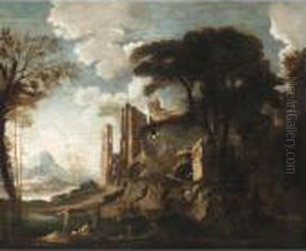 Italianate River Landscape With Figures Before Ruins Oil Painting by Salvator Rosa