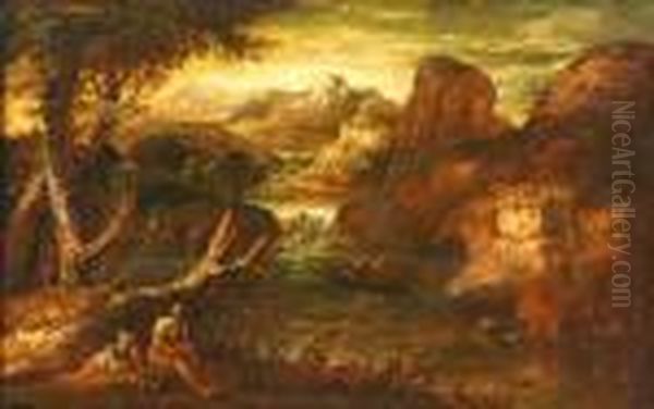 Soldiers Resting In A Mountain River Landscape Oil Painting by Salvator Rosa