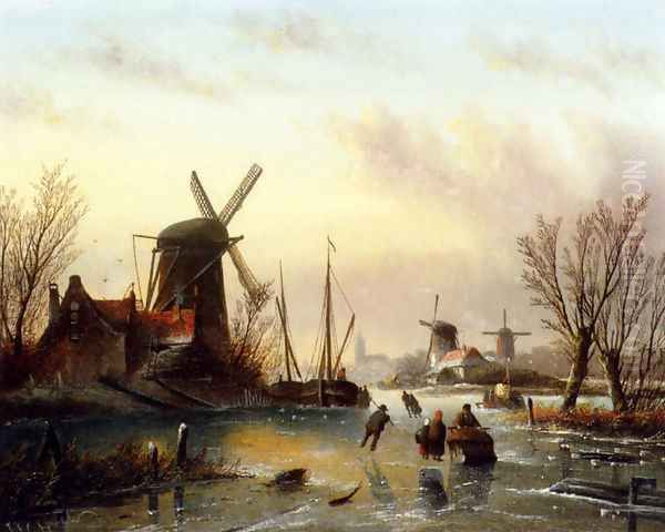 A Frozen River Landscape Oil Painting by Jan Jacob Coenraad Spohler