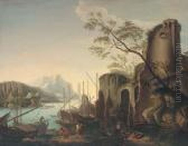 A Mediterranean Coastal Intlet With Shipping And Stevedores Byclassical Ruins Oil Painting by Salvator Rosa