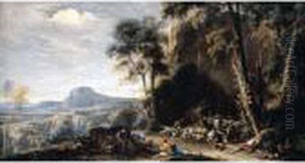 A Wooded Landscape With Herders And Cattle Resting Oil Painting by Salvator Rosa