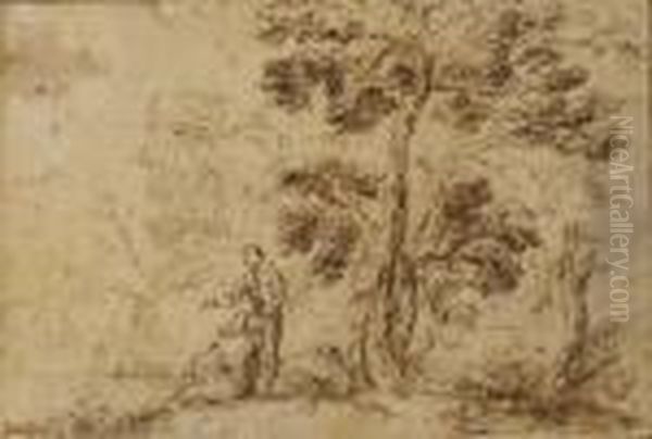 Two Figures By A Tree Near A River Oil Painting by Salvator Rosa