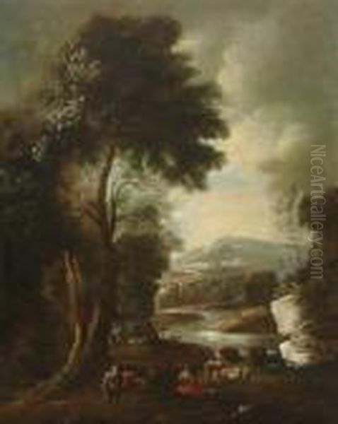 Hirten In
 Flusslandschaft. Oil Painting by Salvator Rosa