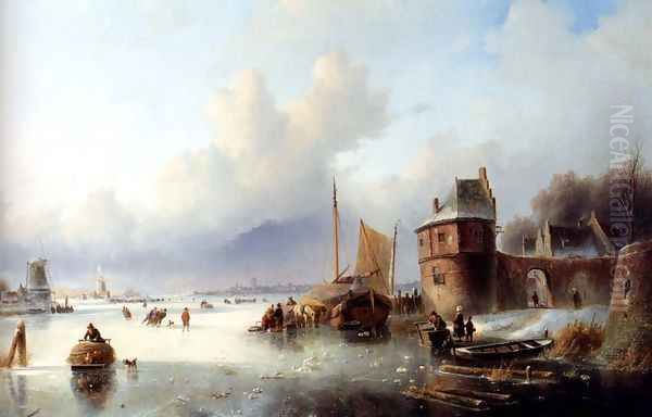 A Winter Landscape With Numerous Skaters On A Frozen Waterway, Dordrecht In The Distance Oil Painting by Jan Jacob Coenraad Spohler