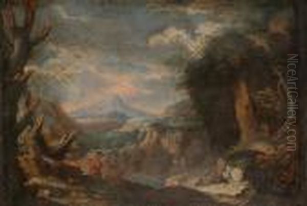 Extensive Landscape With Figures In The Foreground Oil Painting by Salvator Rosa