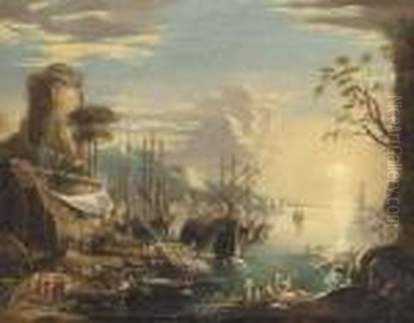 A Mediteranean Coastal Inlet With Shipping And Bathers On Thebank Oil Painting by Salvator Rosa