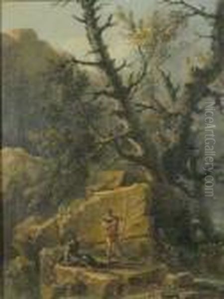 Landscape With Tree And Two Soldiers In Roman Dress Oil Painting by Salvator Rosa