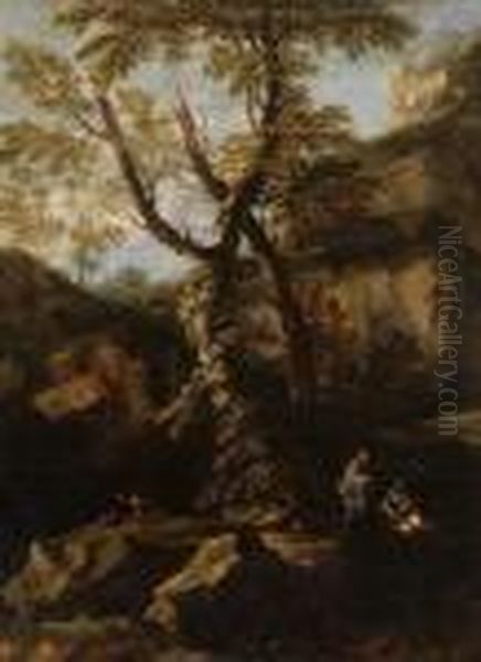 Felsenlandschaft Mit Hl. Familie
 Bei Der Ruhe Auf Der Flucht Nach Agypten. Oil Painting by Salvator Rosa