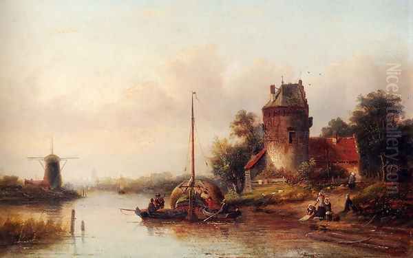 A River Landscape In Summer With A Moored Haybarge By A Fortified Farmhouse Oil Painting by Jan Jacob Coenraad Spohler