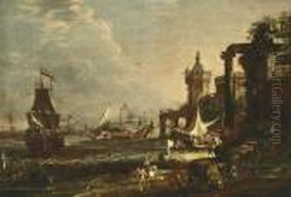 A Capriccio Of A Mediterranean Port Oil Painting by Salvator Rosa