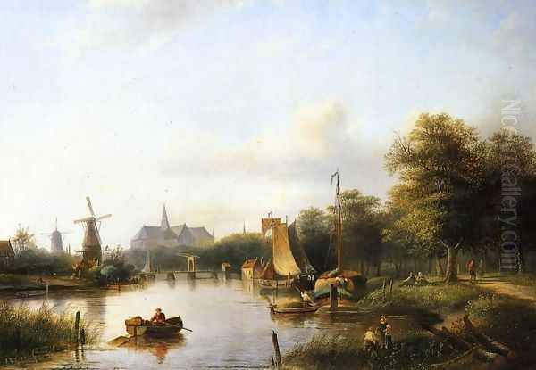 A View of the River Spaarne, Haarlem, with Moored Shipping and a Hay-Barge, the St. Bavo Church in the Background Oil Painting by Jan Jacob Coenraad Spohler