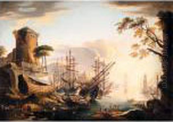 View Of A Mediterranean Harbour Oil Painting by Salvator Rosa