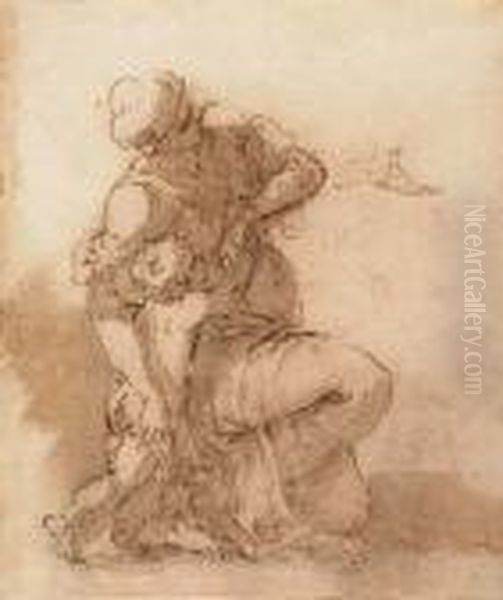 A Kneeling Mother Caressing Her Child Oil Painting by Salvator Rosa