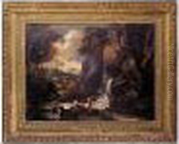 Rocky Landscape With Figures Fishing Beneath A Waterfall Oil Painting by Salvator Rosa