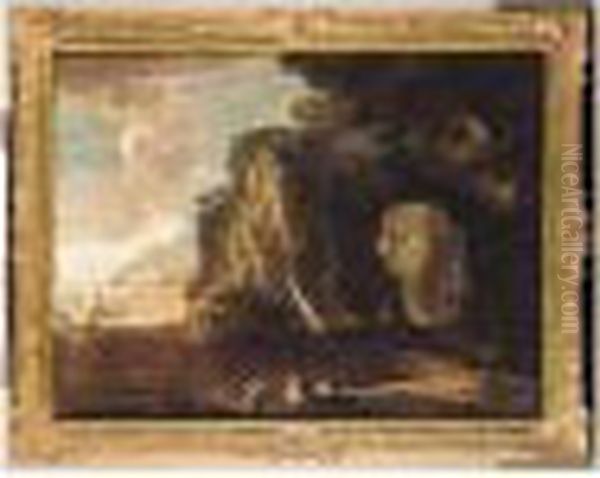 A Mountainous Coastal Landscape With Fishermen Oil Painting by Salvator Rosa