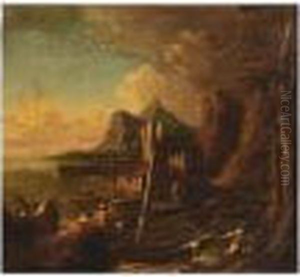 A Rocky Coastal Scene With Men Mooring Their Boats Oil Painting by Salvator Rosa