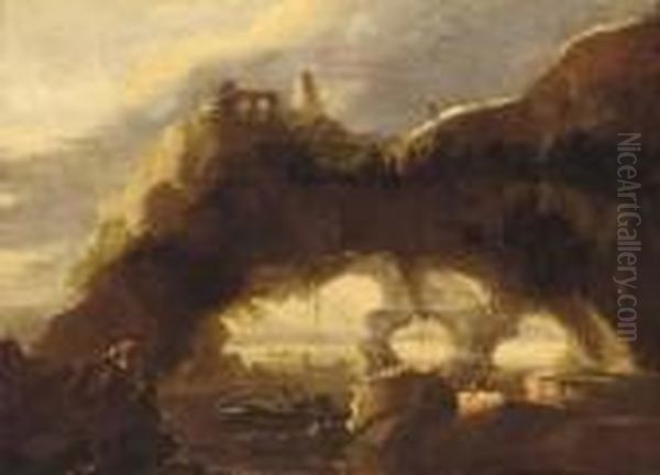 A Rocky Coastline With Anglers Before A Natural Arch Oil Painting by Salvator Rosa