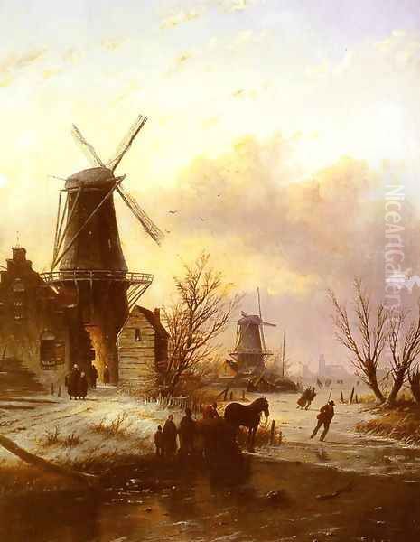 Skaters on a Frozen River I Oil Painting by Jan Jacob Coenraad Spohler