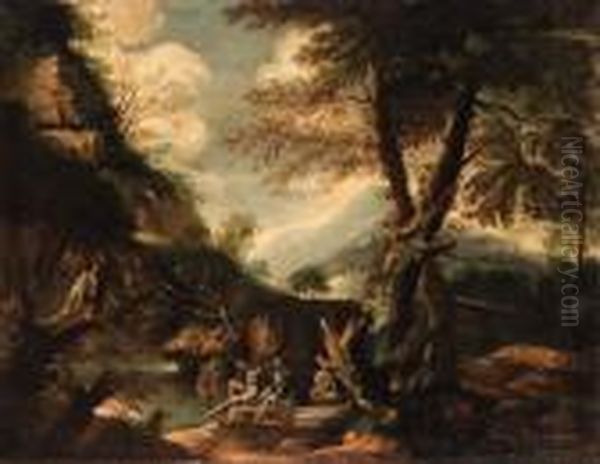 A Wooded Italianate Landscape With Banditti On An Outcrop Oil Painting by Salvator Rosa