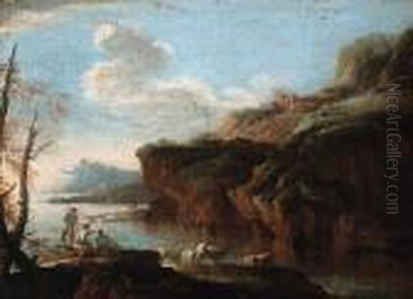 A Coastal Landscape With Herdsmen On The Shore Oil Painting by Salvator Rosa