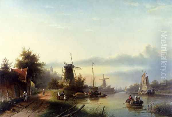 Boats On A Dutch Canal Oil Painting by Jan Jacob Coenraad Spohler