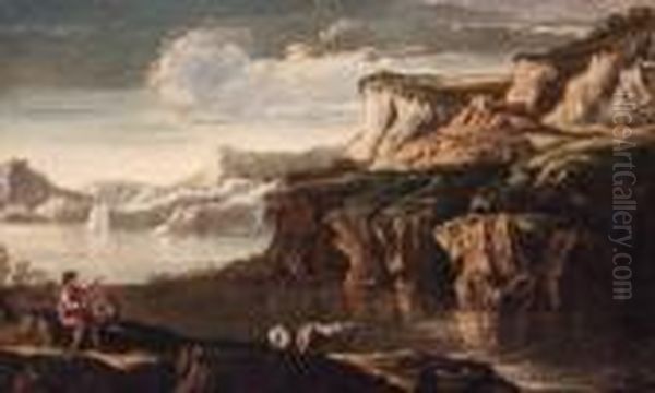 A Rocky Italianate Landscape With Drovers And Cattle At Apool Oil Painting by Salvator Rosa