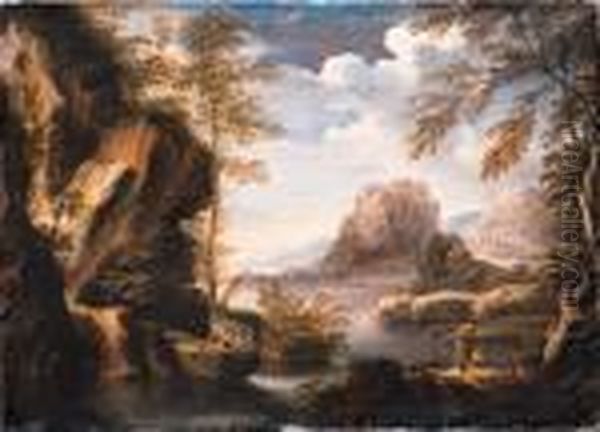 A Mountainous River Landscape With Peasants Conversing On Abank Oil Painting by Salvator Rosa