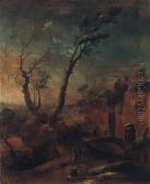 A Mountainous Landscape With Travellers On A Path And Woodmencrossing A Bridge Oil Painting by Salvator Rosa