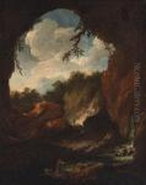 A Neatherd Leading His Flock In A Rocky Landscape Oil Painting by Salvator Rosa