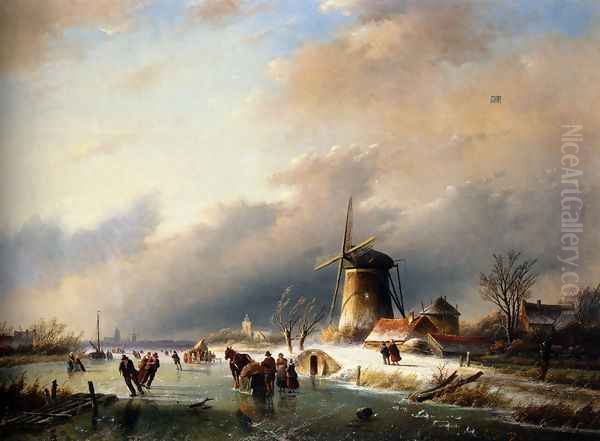 Figures Skating on a Frozen River Oil Painting by Jan Jacob Coenraad Spohler