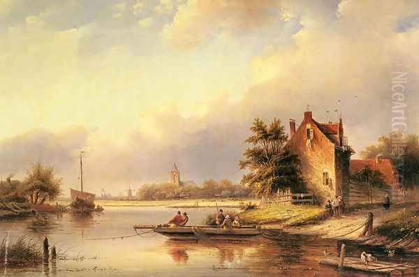 A Summer's Day at the Ferry Crossing Oil Painting by Jan Jacob Coenraad Spohler