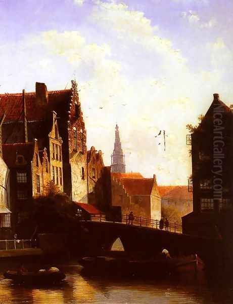 Figures on a Bridge in a Dutch Town Oil Painting by Jan Jacob Coenraad Spohler