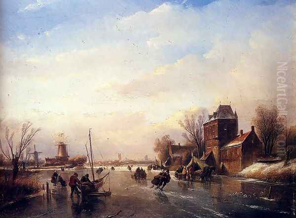 Skaters on a Frozen River Oil Painting by Jan Jacob Coenraad Spohler